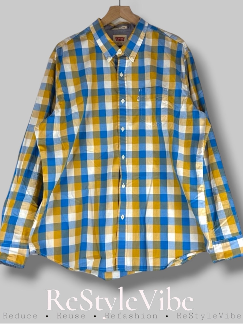 LEVI’S Men’s Size XXL Shirt Button Down Cotton Plaid White Tab Orange Blue Slim